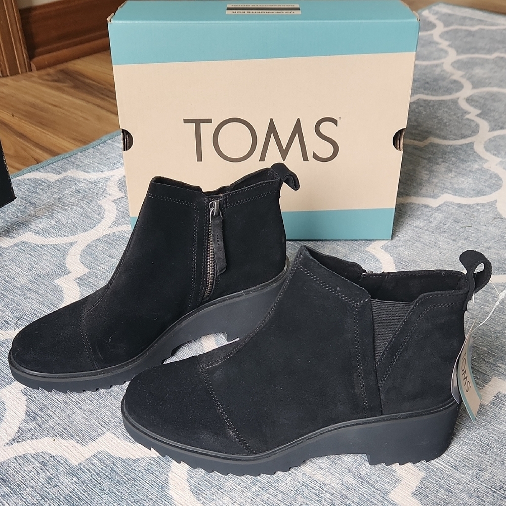 TOMS Maude Suede Wedge Booties, Black, 2" Heel, Size 9, New In Box